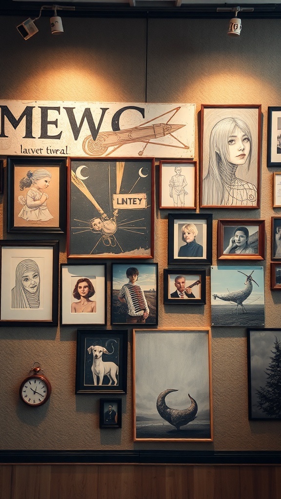A gallery wall featuring mixed media art, including portraits, landscapes, and a clock, all framed in various styles.