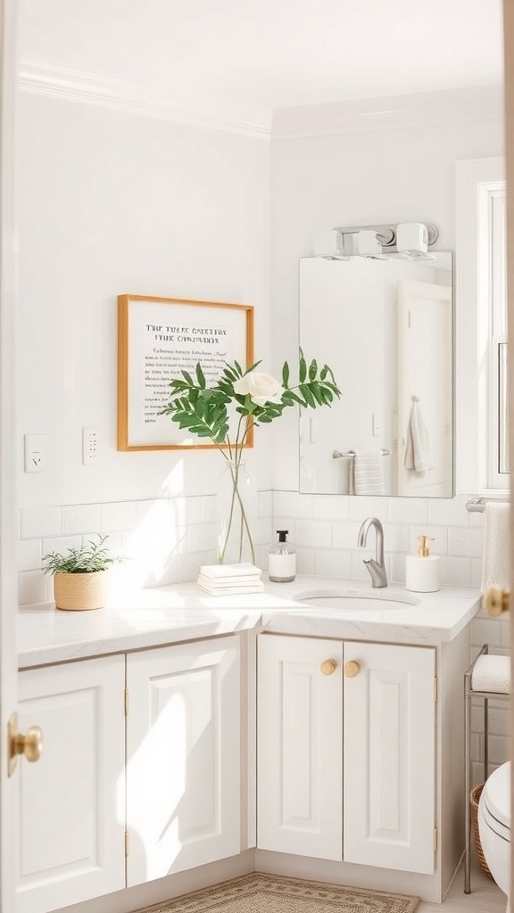 A serene bathroom with soft pastel decor, featuring a white vanity, greenery, and light colors.