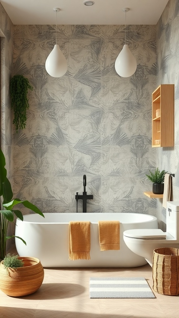 Eco-friendly bathroom with a freestanding tub, plants, and natural decor