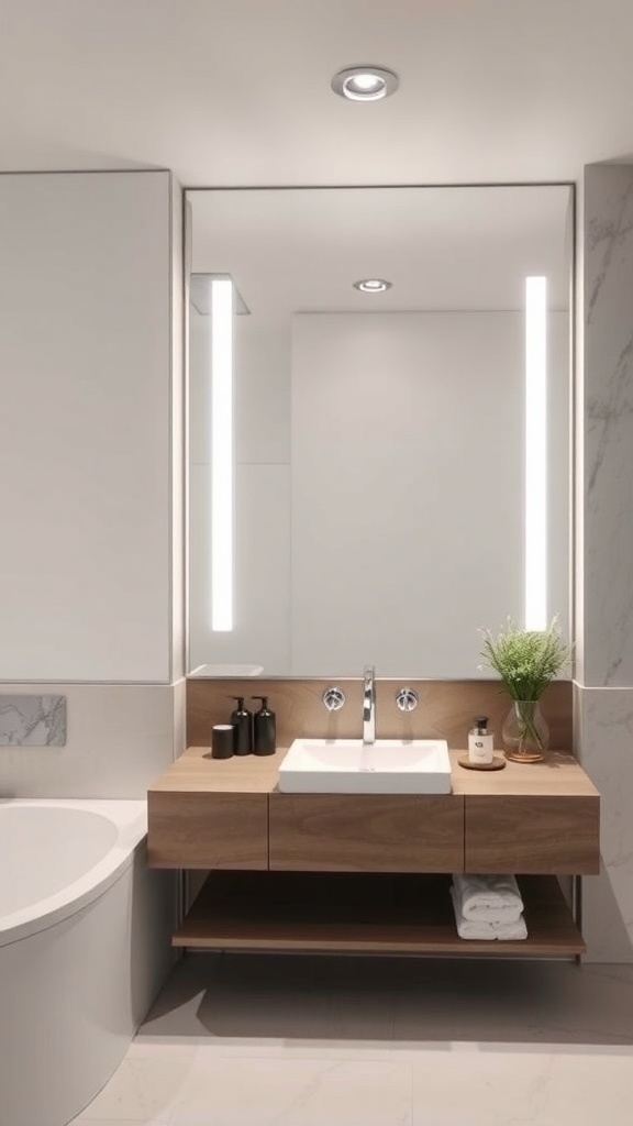 A modern bathroom featuring a sleek mirror with integrated lighting above a wooden vanity.