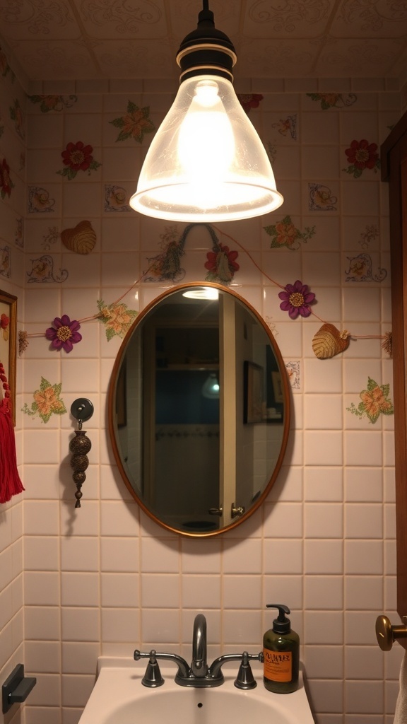 A cozy light fixture hanging above a round mirror in a bathroom with floral tiles.