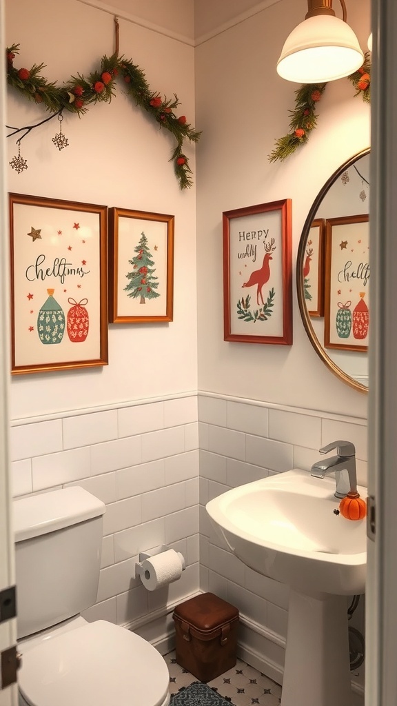 A cozy bathroom decorated with seasonal prints and a garland, featuring framed art of Christmas ornaments, a tree, and a reindeer.
