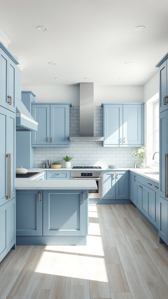 A modern kitchen featuring light blue cabinets, white countertops, and a spacious layout.