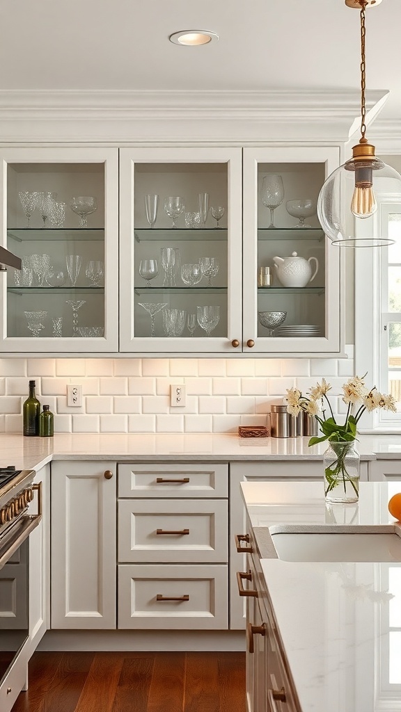 A kitchen with glass-front cabinets displaying elegant glassware and dishes.