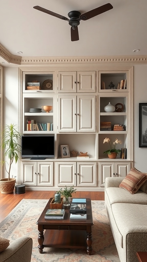 A vintage style living room with built-in cabinets, featuring light-colored cabinetry, open shelves, and a cozy seating area.