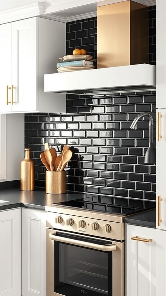 A modern kitchen featuring a black backsplash with brass accents, showcasing a stylish and elegant design.