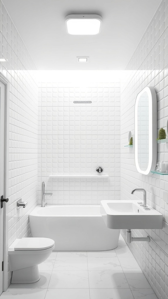 Modern white bathroom with luminous lighting and sleek fixtures
