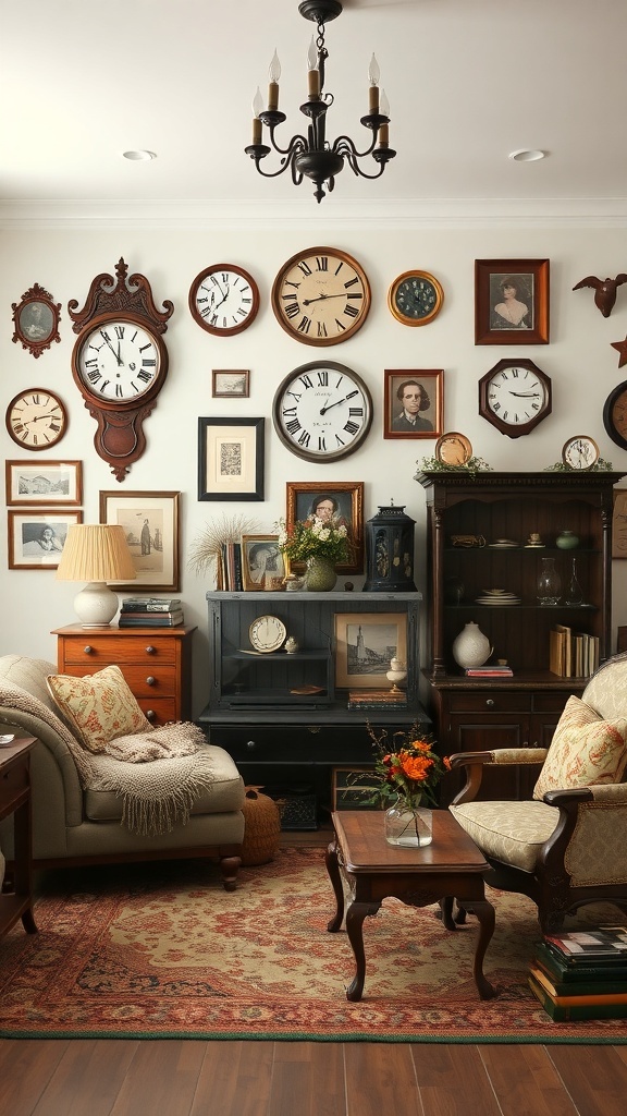 A cozy farmhouse family room with vintage decor, featuring an array of clocks and framed photos on the wall, comfortable seating, and a warm chandelier.