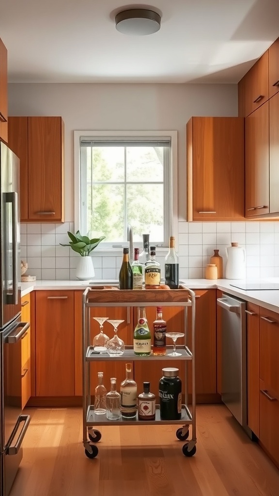A mid century modern kitchen featuring a vintage-inspired bar cart filled with various bottles and glassware.
