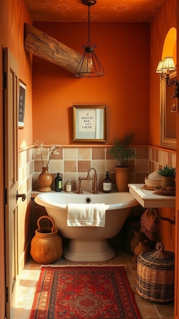 Cozy bathroom with warm terracotta walls, wooden accents, and rustic decor.