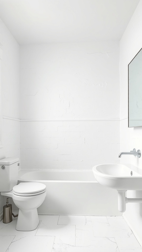 A bright bathroom with textured white walls, a bathtub, toilet, and sink.