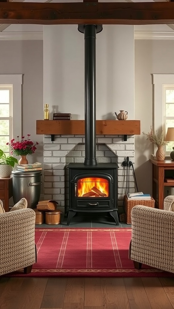 Cozy farmhouse living room with a classic wood-burning stove, two chairs, and a red rug.