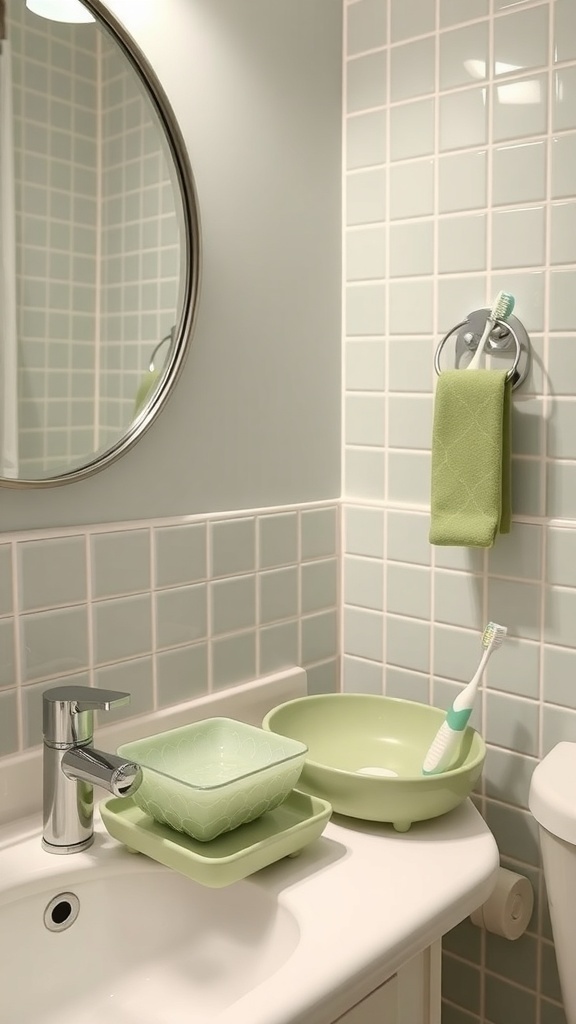 A bathroom sink with sage green accessories including bowls, trays, and a towel.