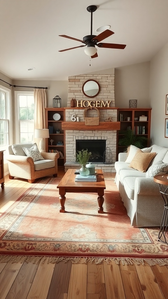 A cozy family room featuring a warm rug, comfortable seating, and a fireplace.