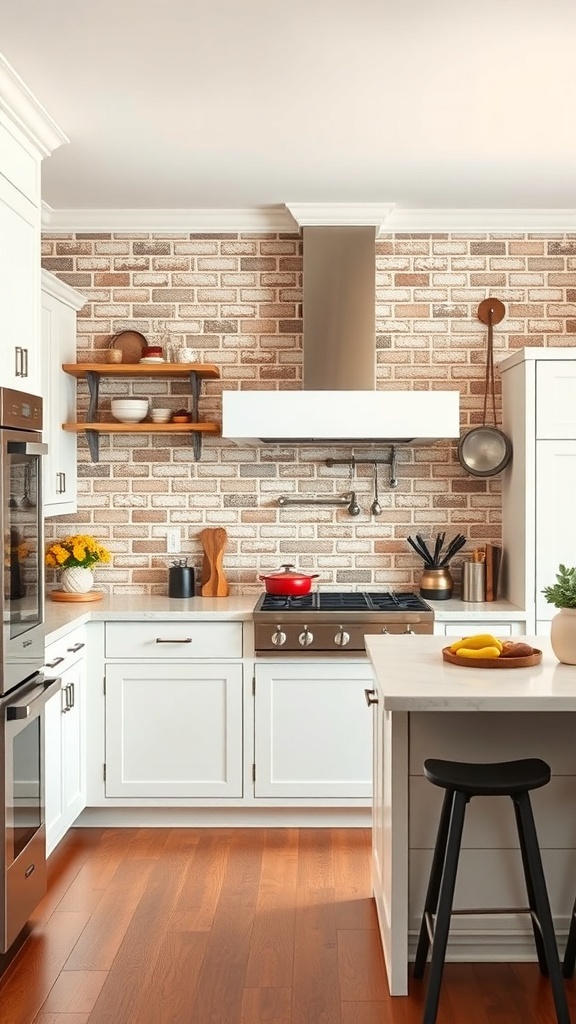 A stylish kitchen featuring a herringbone patterned brick backsplash with white cabinets and modern accents.