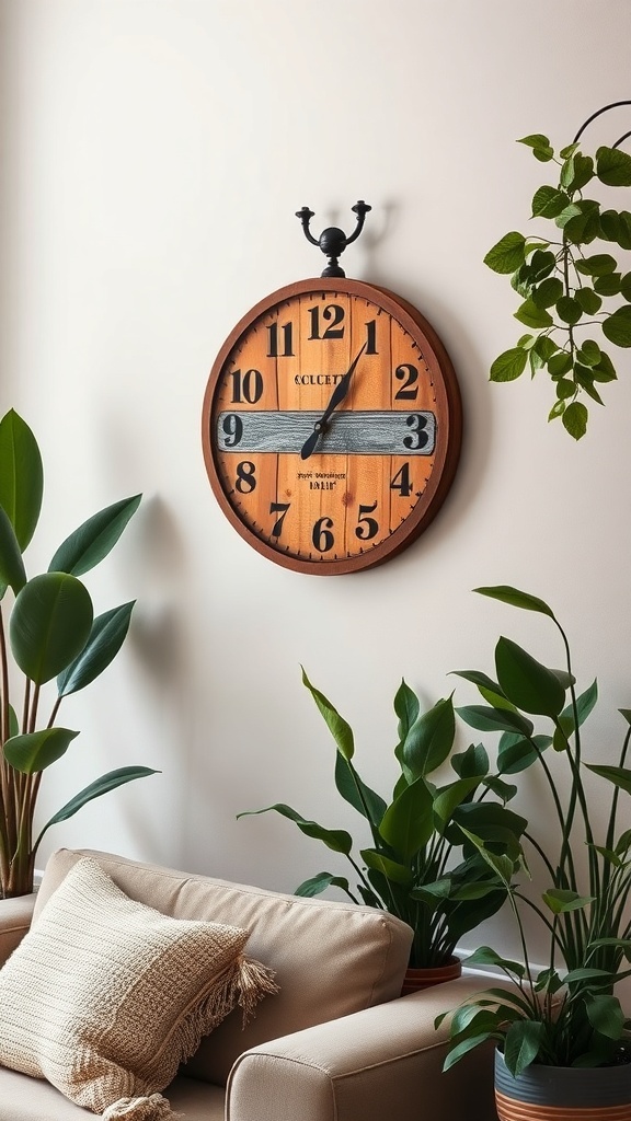 A rustic wooden wall clock with large numbers hanging on a wall, surrounded by green plants and a cozy sofa.