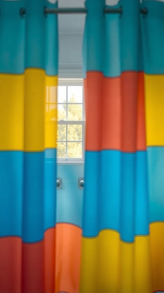Colorful shower curtain with stripes of blue, yellow, orange, and red