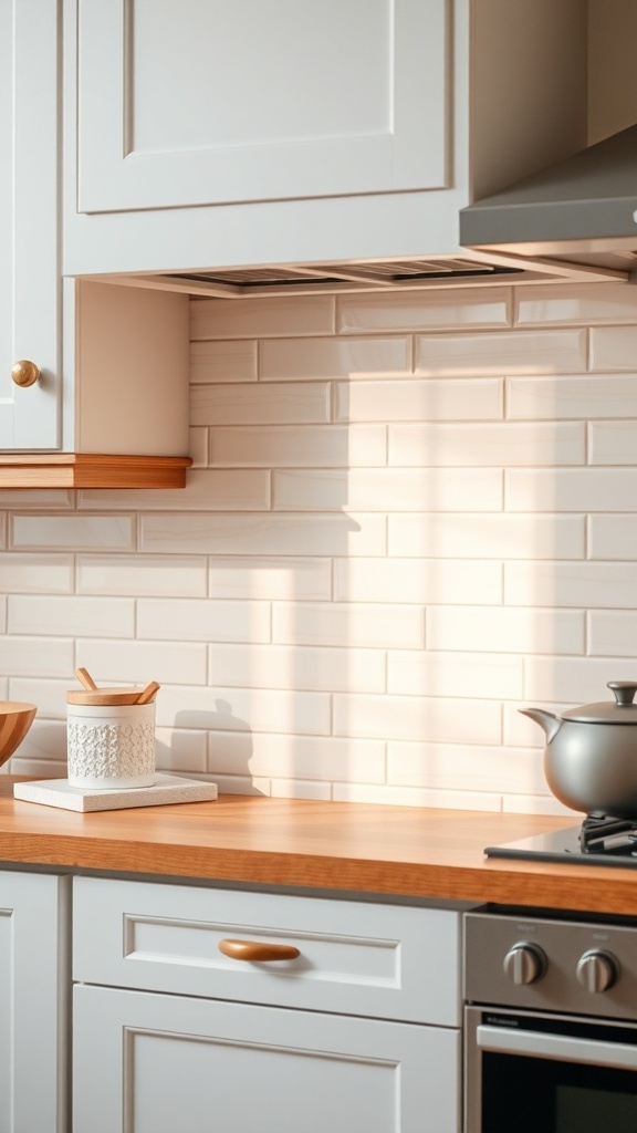 A kitchen with a soft pastel backsplash, white cabinets, and wooden countertops.