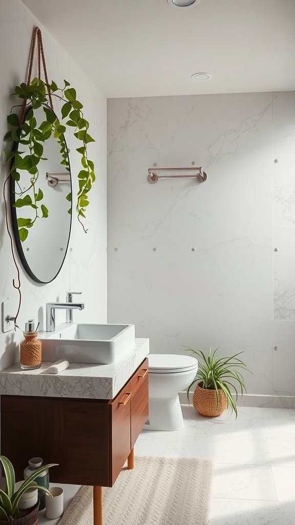 A modern bathroom featuring a recycled material countertop, wooden vanity, and plants for decor.