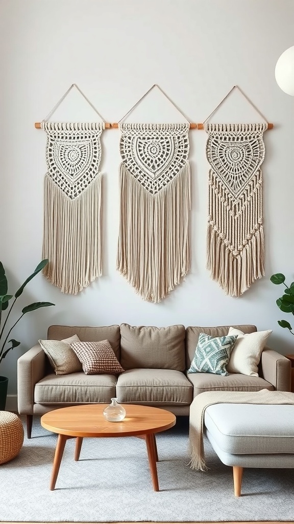 Three macrame wall hangings above a cozy couch in a living room setting.