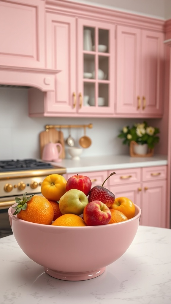 A pink fruit bowl filled with various fruits in a cozy pink kitchen setting.