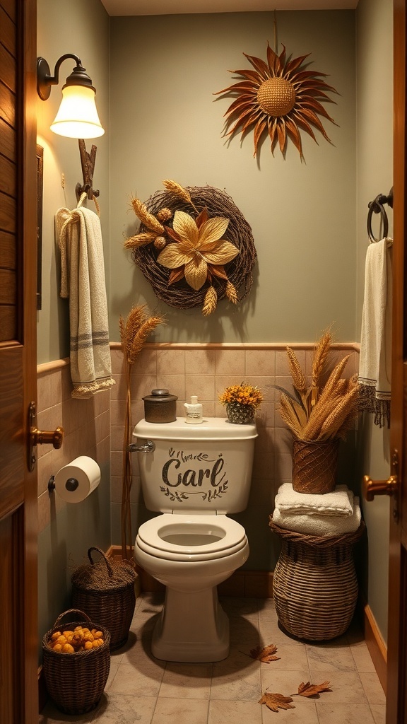 A cozy bathroom decorated with harvest-inspired accessories, featuring a wreath, sunburst decor, and natural elements.