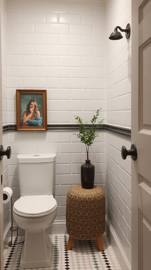 A small decorative stool in a stylish bathroom setting
