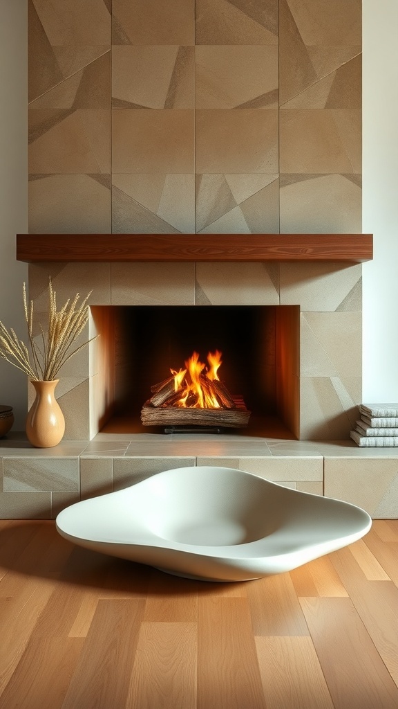 A modern fireplace with a geometric wall design and a sculptural bowl-shaped hearth.