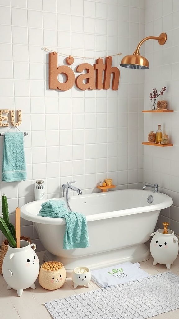 A whimsical bathroom with a classic tub, playful accessories, and a cheerful 'bath' sign.