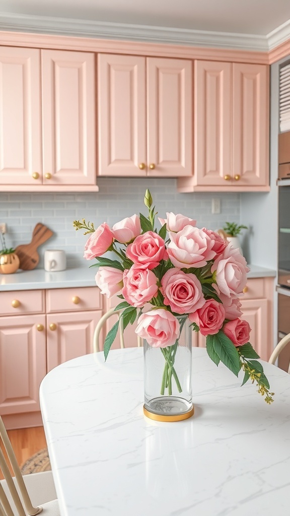 A vase filled with pink roses on a marble table in a pink kitchen.