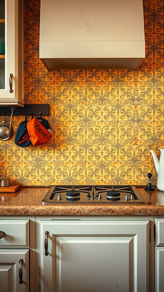 A kitchen with a vintage tin tile backsplash in warm colors, featuring a stove and white cabinetry.