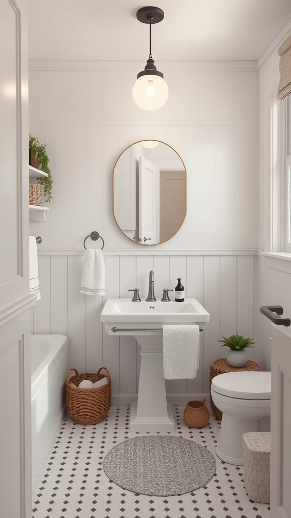 A farmhouse bathroom featuring neutral colors, a round mirror, and natural materials.
