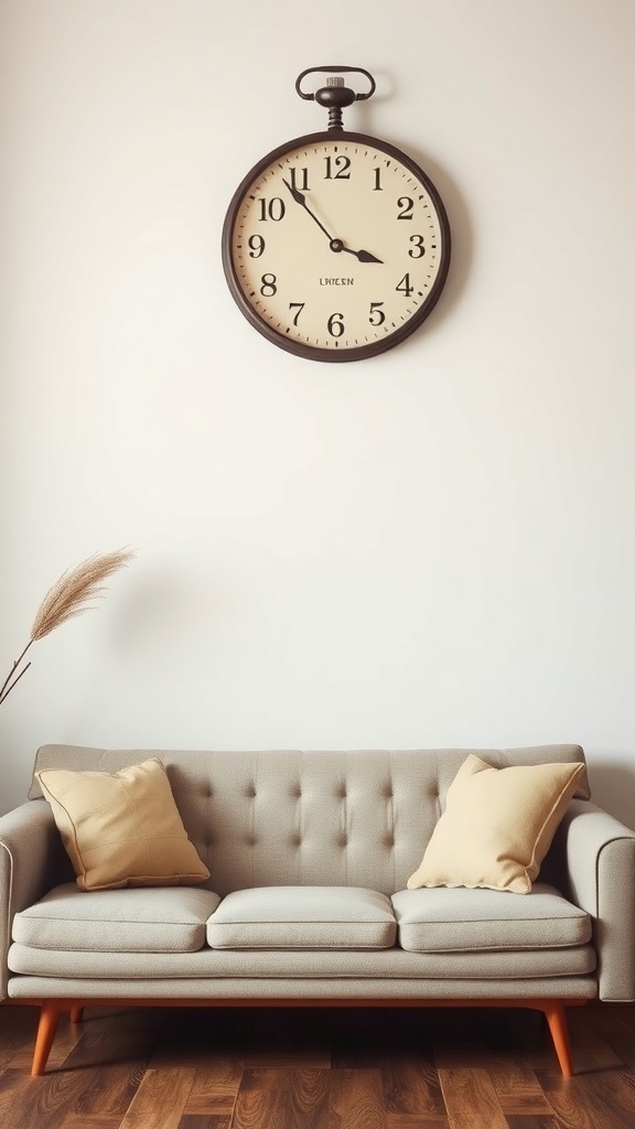 A vintage wall clock above a cozy couch with soft pillows.