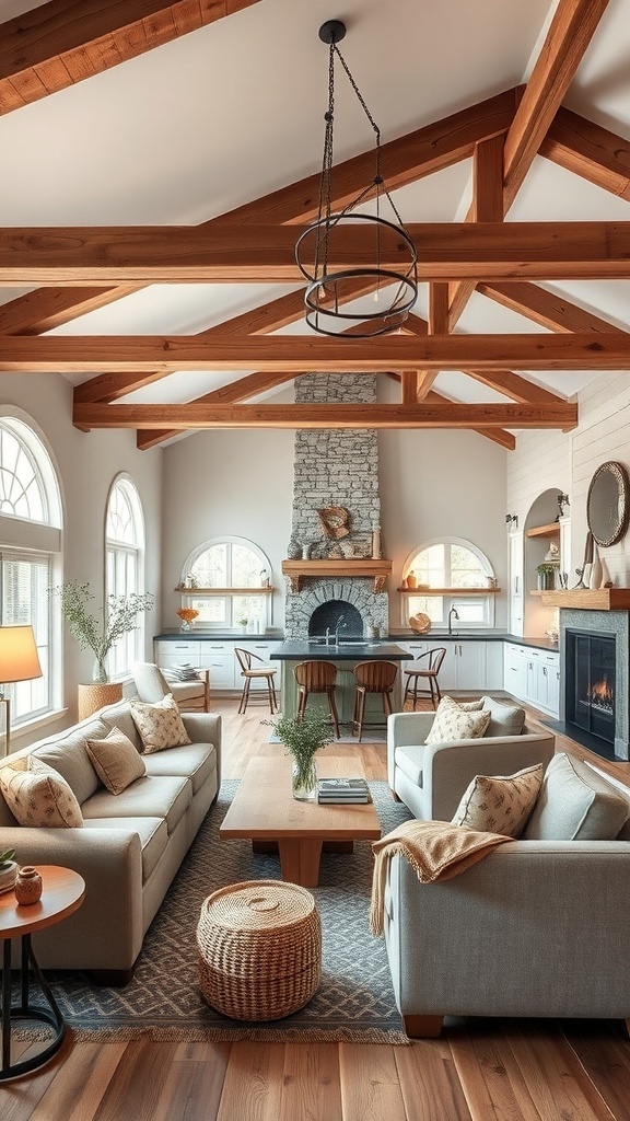 Cozy rustic kitchen and living room combo with comfortable seating and wood beams