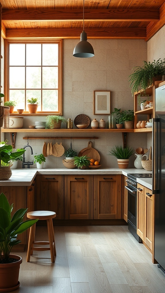 A cozy boho kitchen featuring earthy tones, wooden cabinets, and plants.