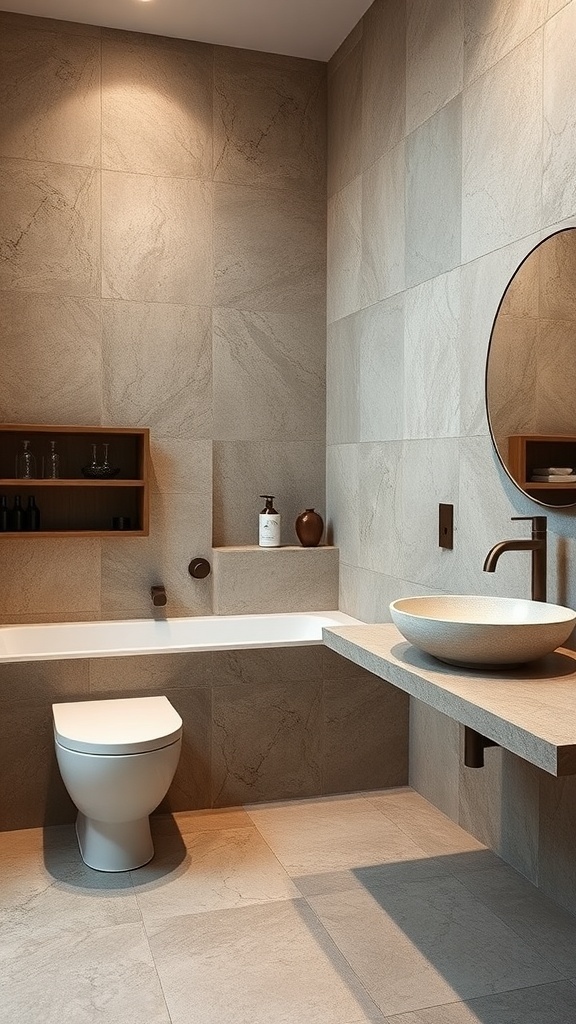 A modern bathroom featuring natural stone walls, a round sink, and wooden accents.