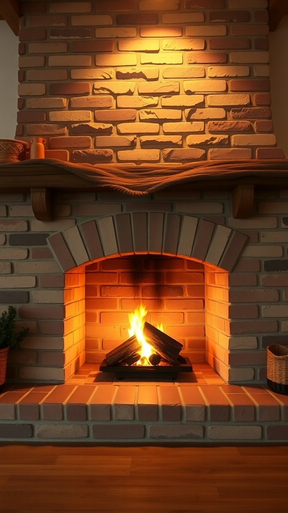 A cozy stone brick fireplace with a warm fire and soft lighting, creating a welcoming atmosphere.