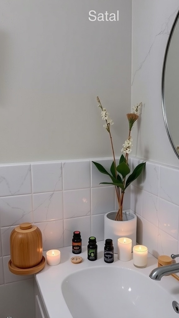 Aromatherapy station in a bathroom with essential oils, candles, and plants.