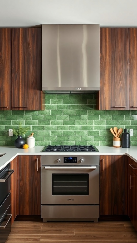 A modern kitchen featuring a basil green backsplash with dark wood cabinets and stainless steel appliances.