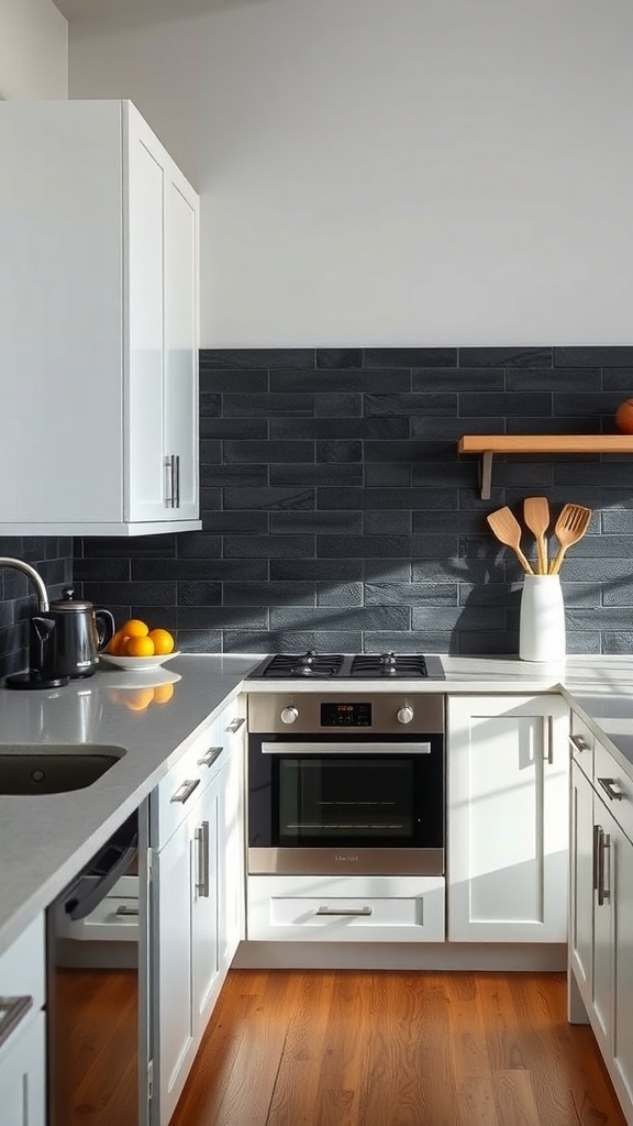 A modern kitchen featuring a textured black slate backsplash with white cabinets and a sleek countertop.
