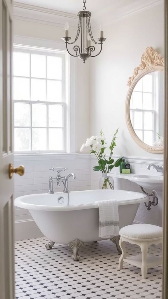 A vintage-style white bathroom featuring a freestanding tub, chandelier, and ornate mirror.