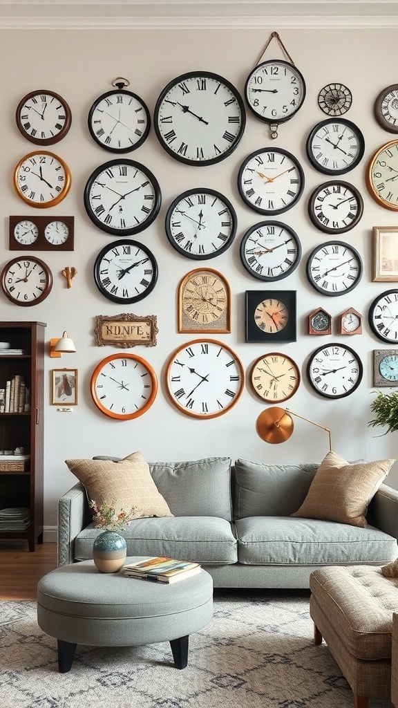 Gallery wall featuring various clocks in different styles and sizes, with a cozy sofa and decor elements in the living room.