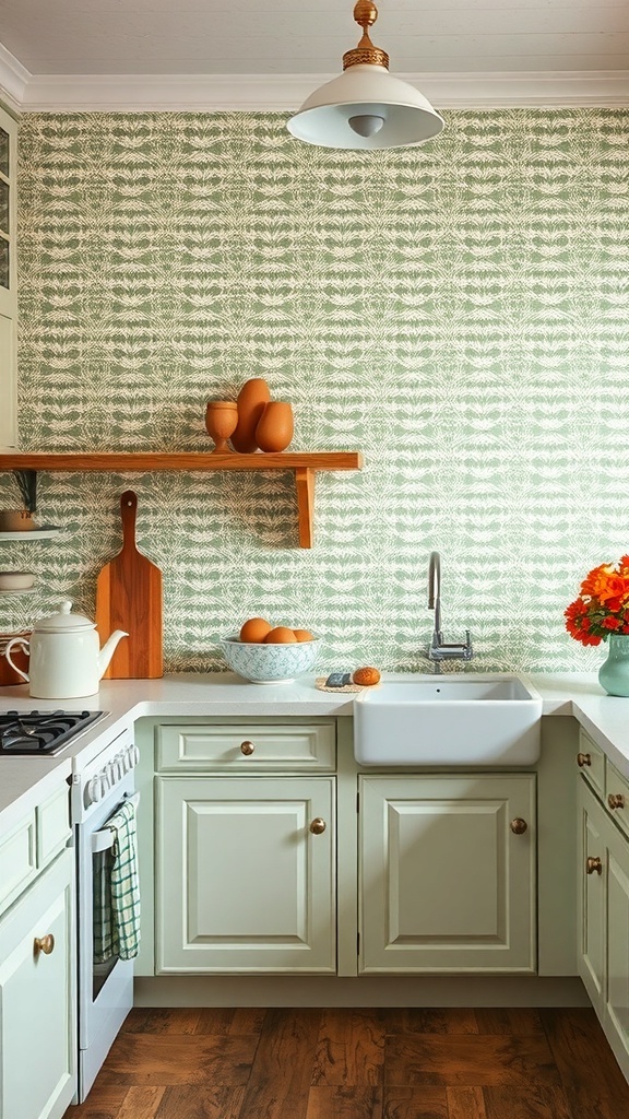 A kitchen featuring green patterned wallpaper, sage green cabinets, and wooden accents.