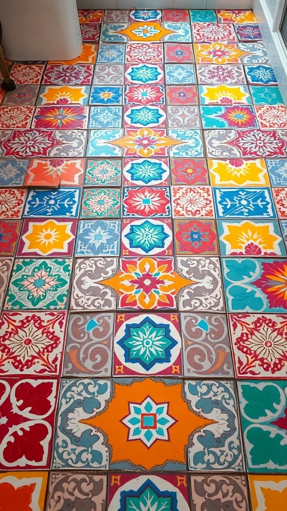 Colorful patterned tiles in a bathroom