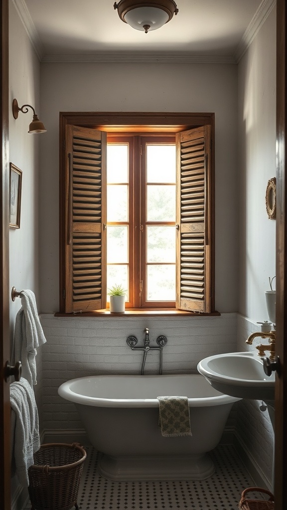 A cozy bathroom featuring wooden shutters on the window, a classic bathtub, and soft lighting.