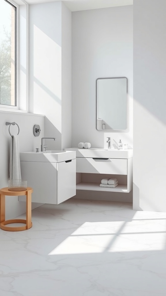 A minimalist white bathroom featuring a sleek vanity, large windows, and natural light.