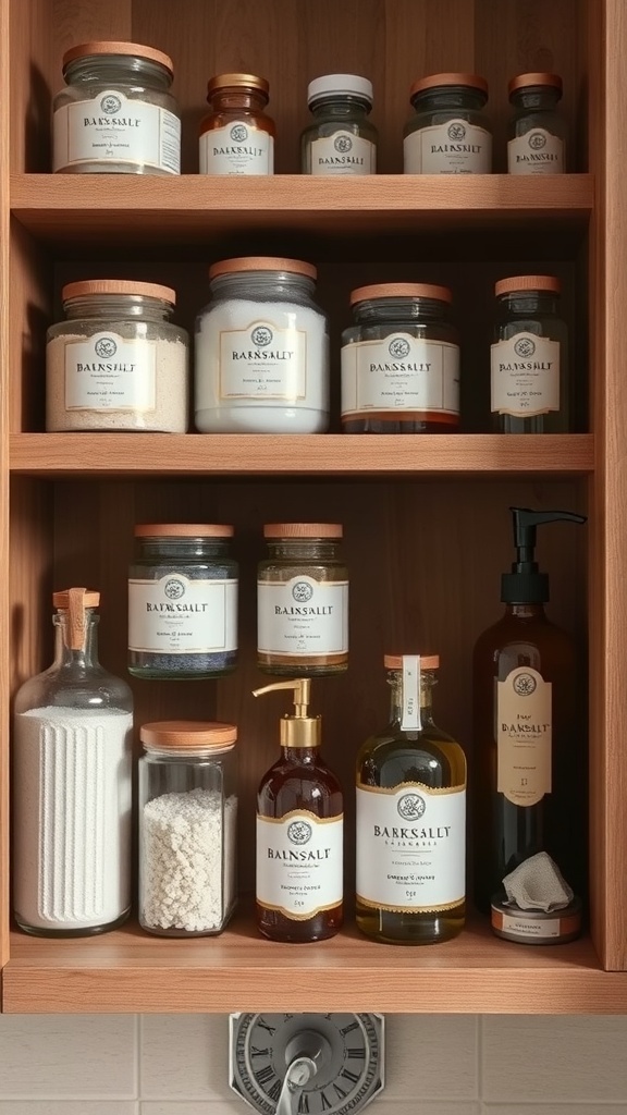 A wooden bathroom shelf displaying various stylish apothecary jars filled with bath products and labeled for easy identification.