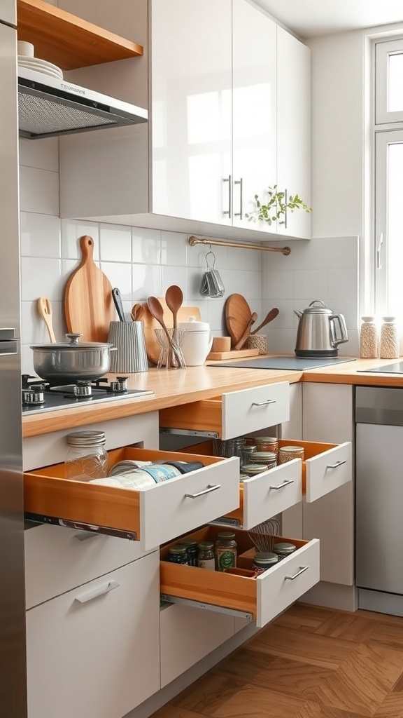 A modern small kitchen featuring pull-out drawers, bright natural light, and a minimalist design.