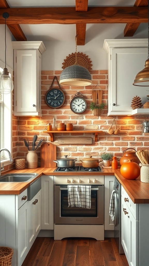 A cozy kitchen featuring a brick backsplash, white cabinets, wooden countertops, and rustic decor.