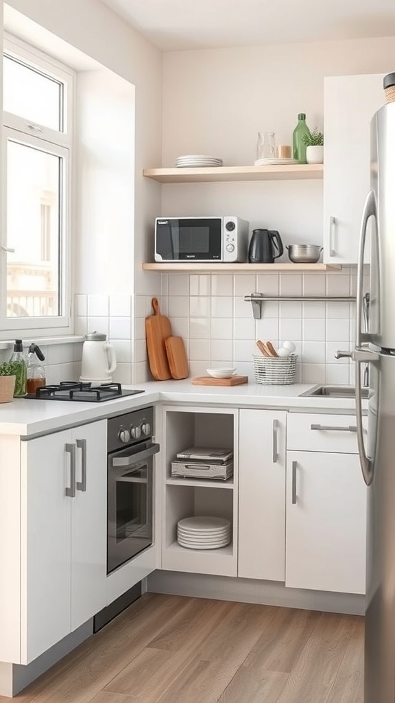 A small, modern kitchen with bright natural light, featuring a space-saving layout, smart storage solutions, and a cozy aesthetic.